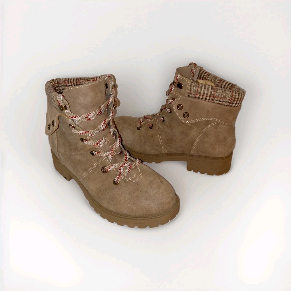 Maurices Combat Hiking Boots Womens 8M Tan Plaid Collar Faux Suede Lug Sole